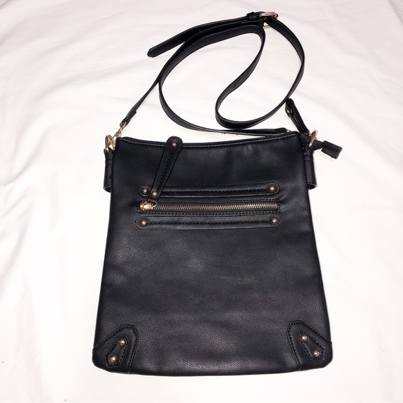 Crossbody Bag Adjustable Black Vegan Faux Leather Gold Zip Top 3 Sections Birds - Picture 1 of 9